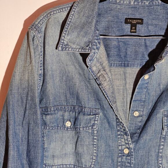 Talbots Denim Button Up Roll Tab Sleeve Sz 2X 100% Cotton Soft Minimalist - Picture 2 of 7